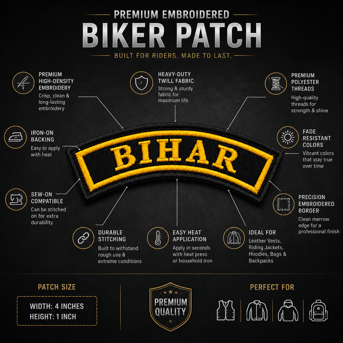Bihar State Front Embroidered Patch 1 × 4 Inches – Iron On / Sew On