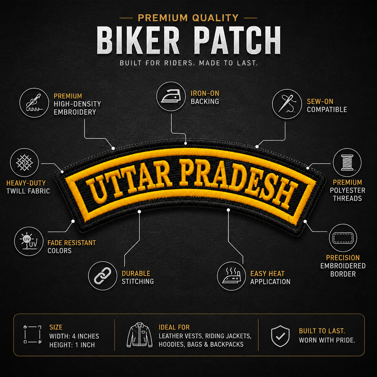 Uttar Pradesh State Front Embroidered Patch 1 × 4 Inches – Iron On / Sew On