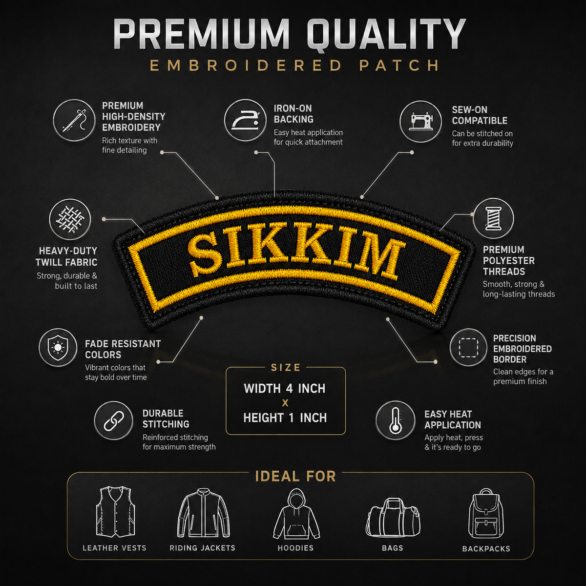 Sikkim State Front Embroidered Patch 1 × 4 Inches – Iron On / Sew On