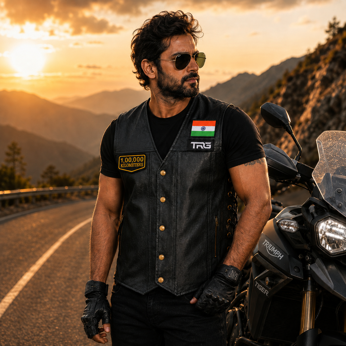 Motorcycle rider wearing 1 Lakh Kilometres embroidered patch on black leather riding vest beside adventure motorcycle on mountain road