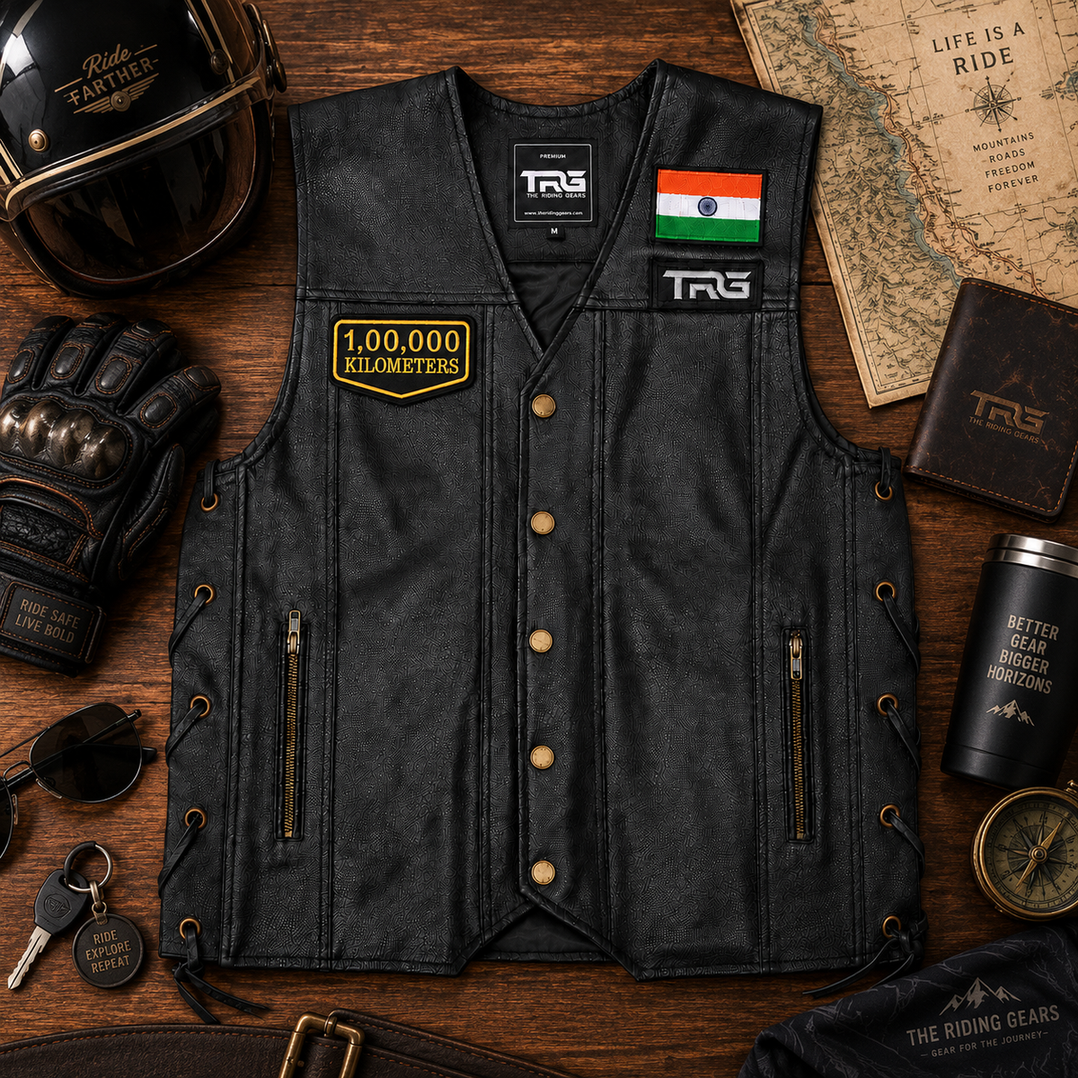1 Lakh Kilometres embroidered patch displayed on black leather motorcycle vest with premium riding gear and travel accessories