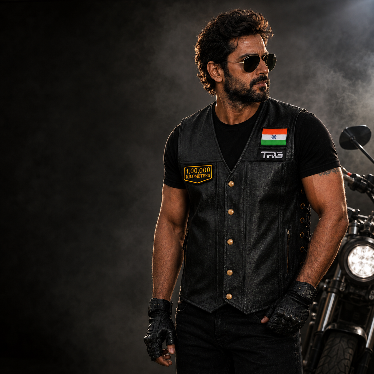 Motorcycle rider wearing 1 Lakh Kilometres embroidered patch on black leather riding vest beside motorcycle in dark studio