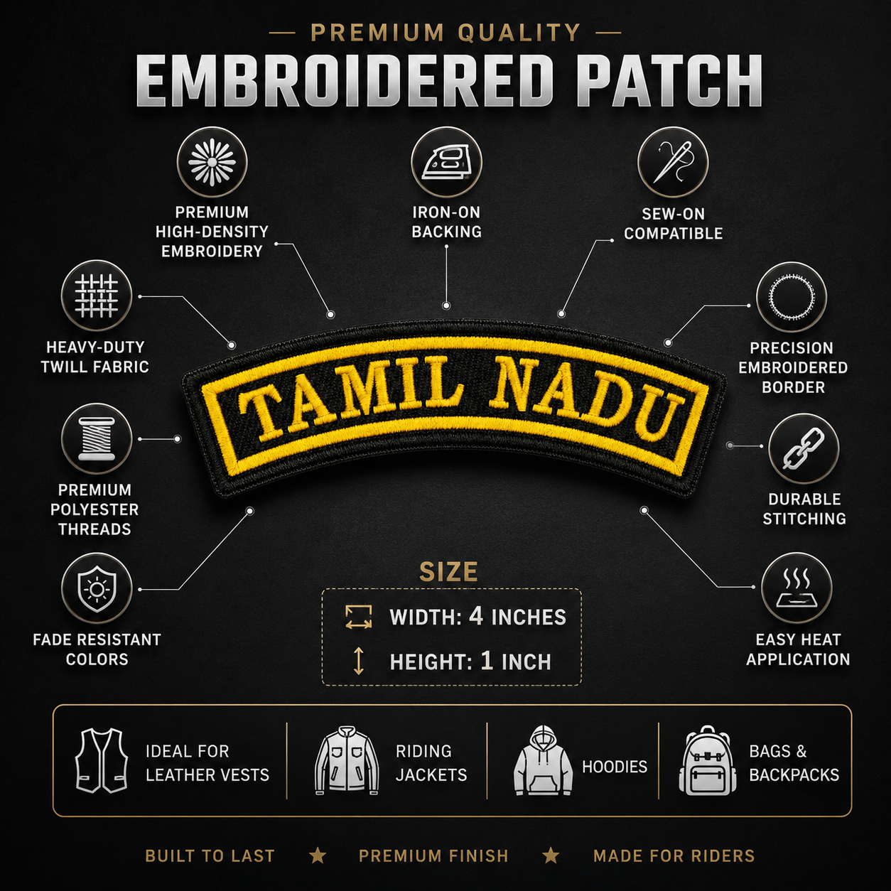 Tamil Nadu State Front Embroidered Patch 1 × 4 Inches – Iron On / Sew On