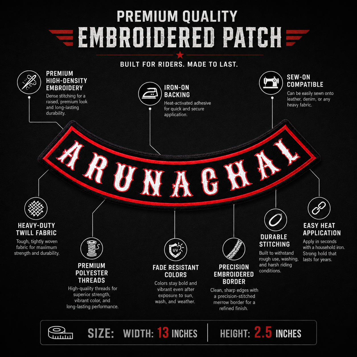 Arunachal Red Outline State Back Embroidered Patch 2.5 × 13 Inch – Iron On / Sew On
