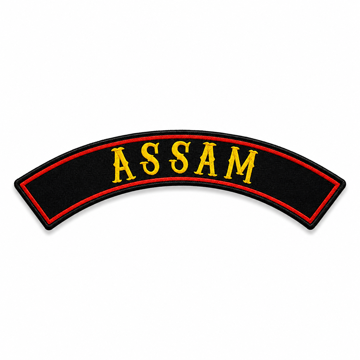Assam Top Curved Yellow State Back Embroidered Patch 2.5 × 14 Inch – Iron On / Sew On