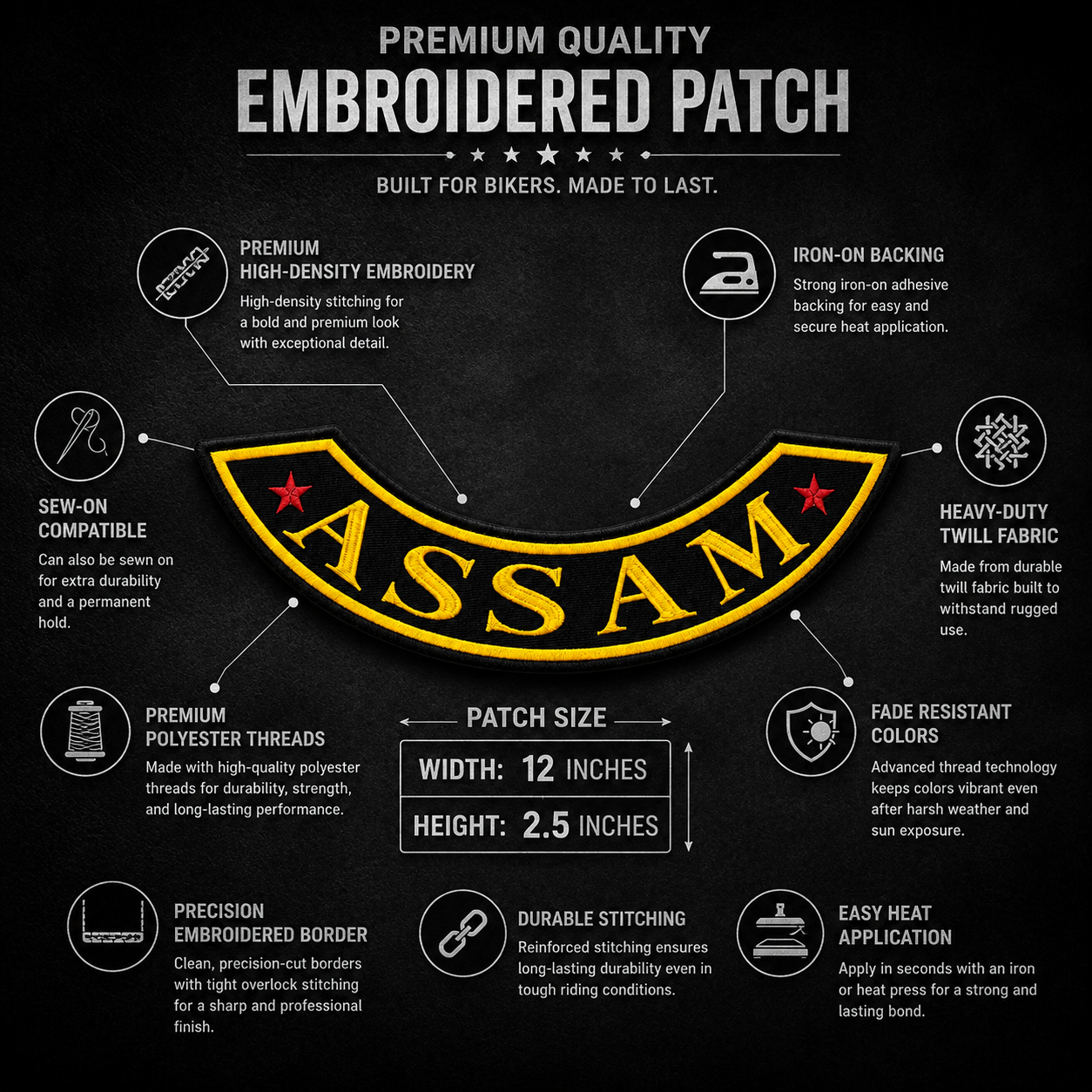 Assam Bottom Curved Red Star State Back Embroidered Patch 2.5 × 12 Inch – Iron On / Sew On