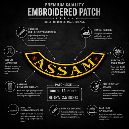 Assam Bottom Curved Red Star State Back Embroidered Patch 2.5 × 12 Inch – Iron On / Sew On