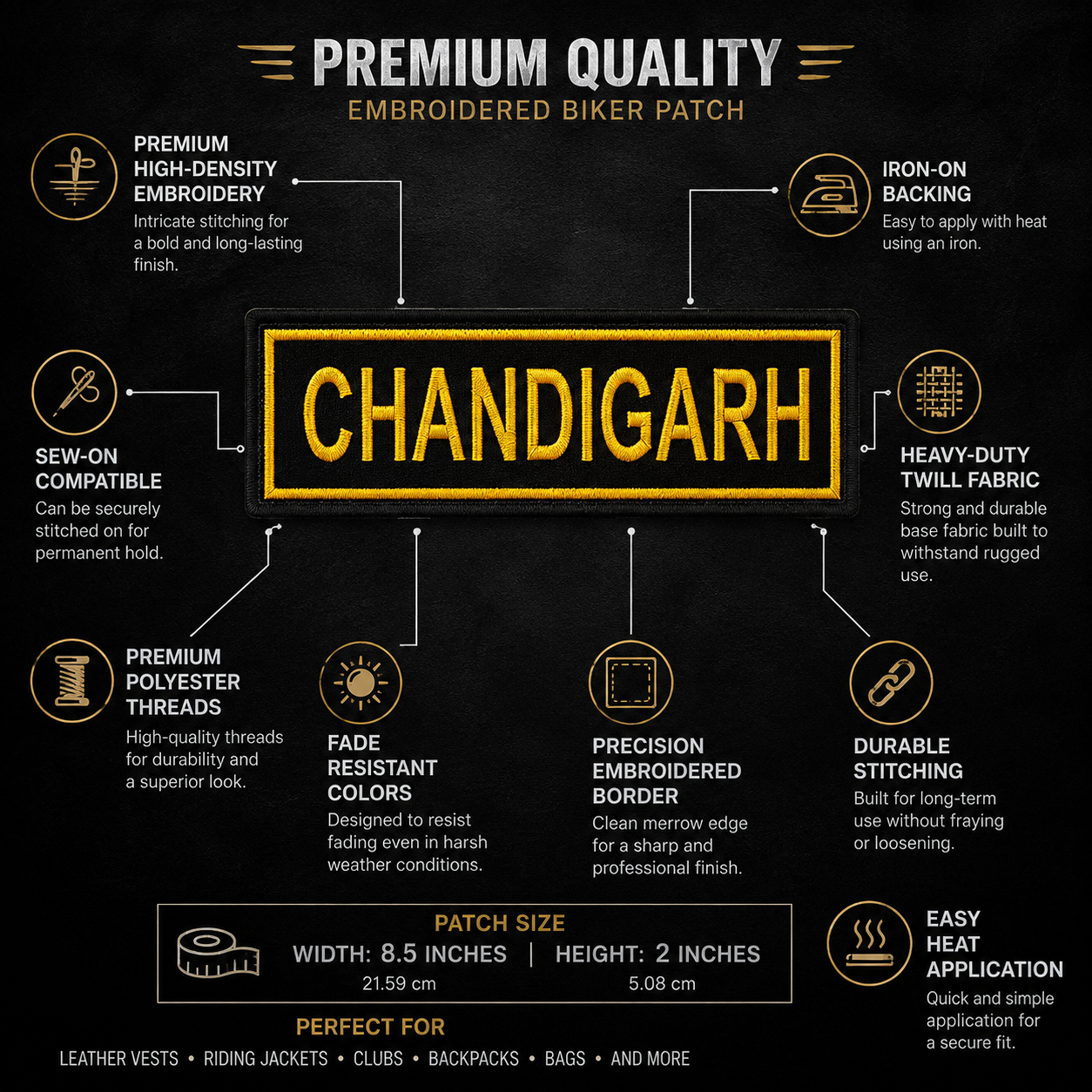 Chandigarh Straight Coloured Back Embroidered Patch 2 × 8.5 Inch – Iron On / Sew On