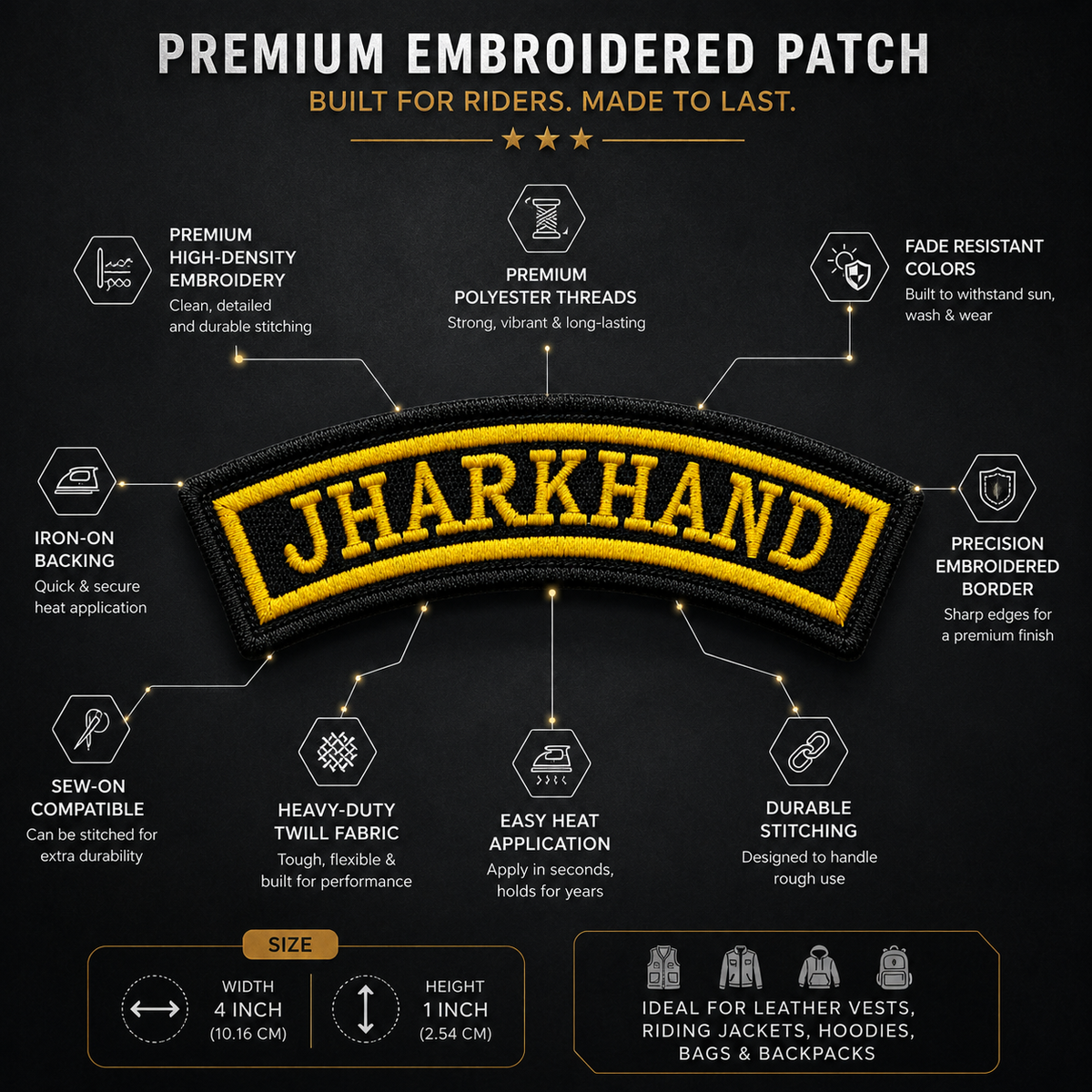Jharkhand State Front Embroidered Patch 1 × 4 Inches – Iron On / Sew On