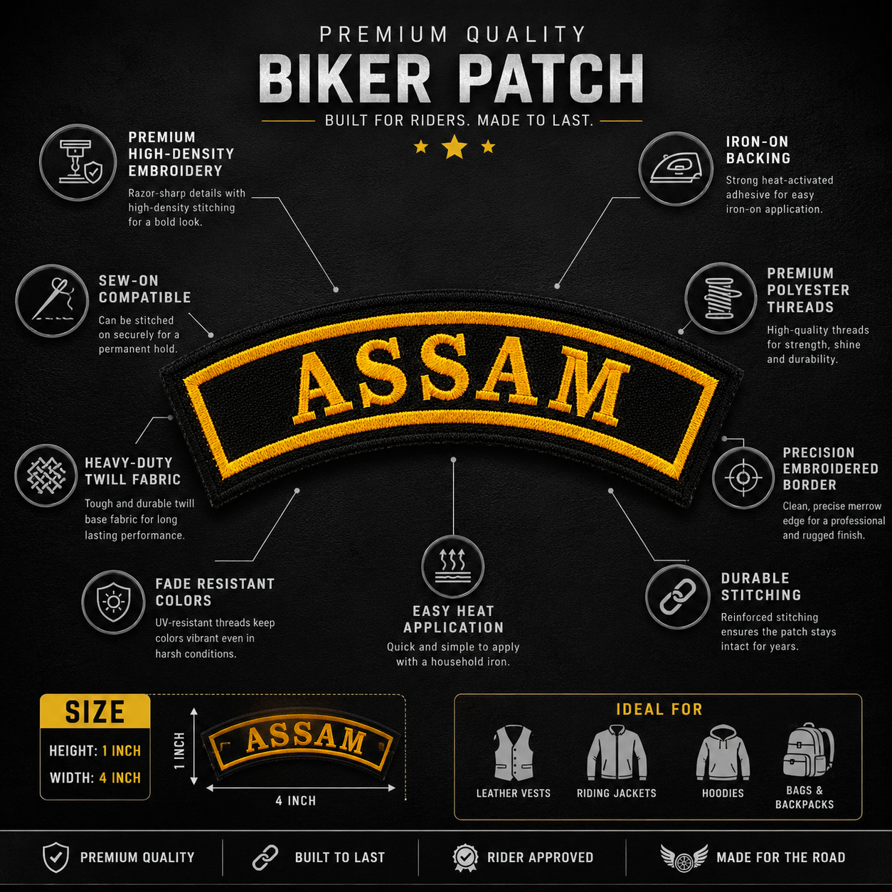 Assam State Front Embroidered Patch 4 × 1 Inch – Iron On / Sew On