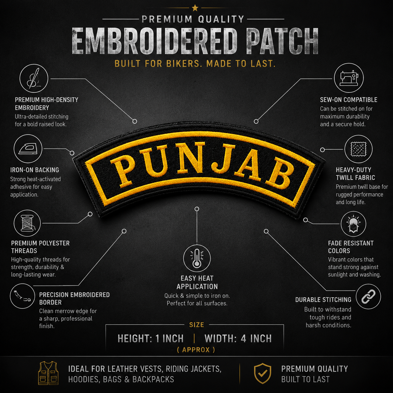 Punjab State Front Embroidered Patch 1 × 4 Inches – Iron On / Sew On