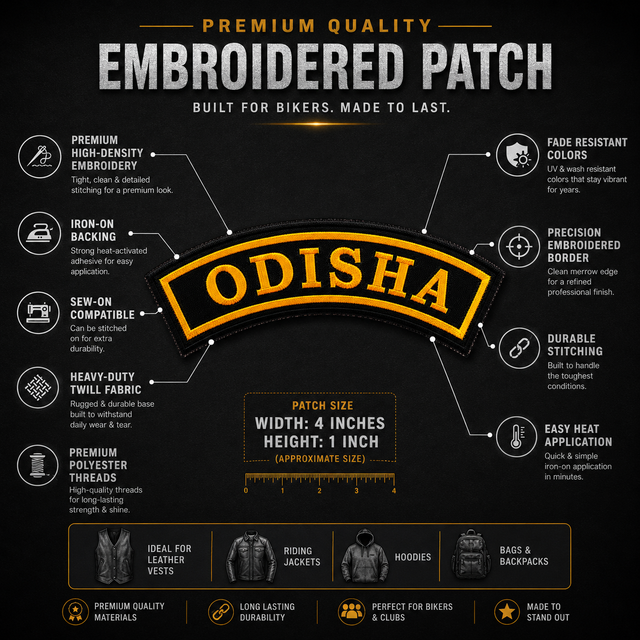 Odisha State Front Embroidered Patch 1 × 4 Inches – Iron On / Sew On