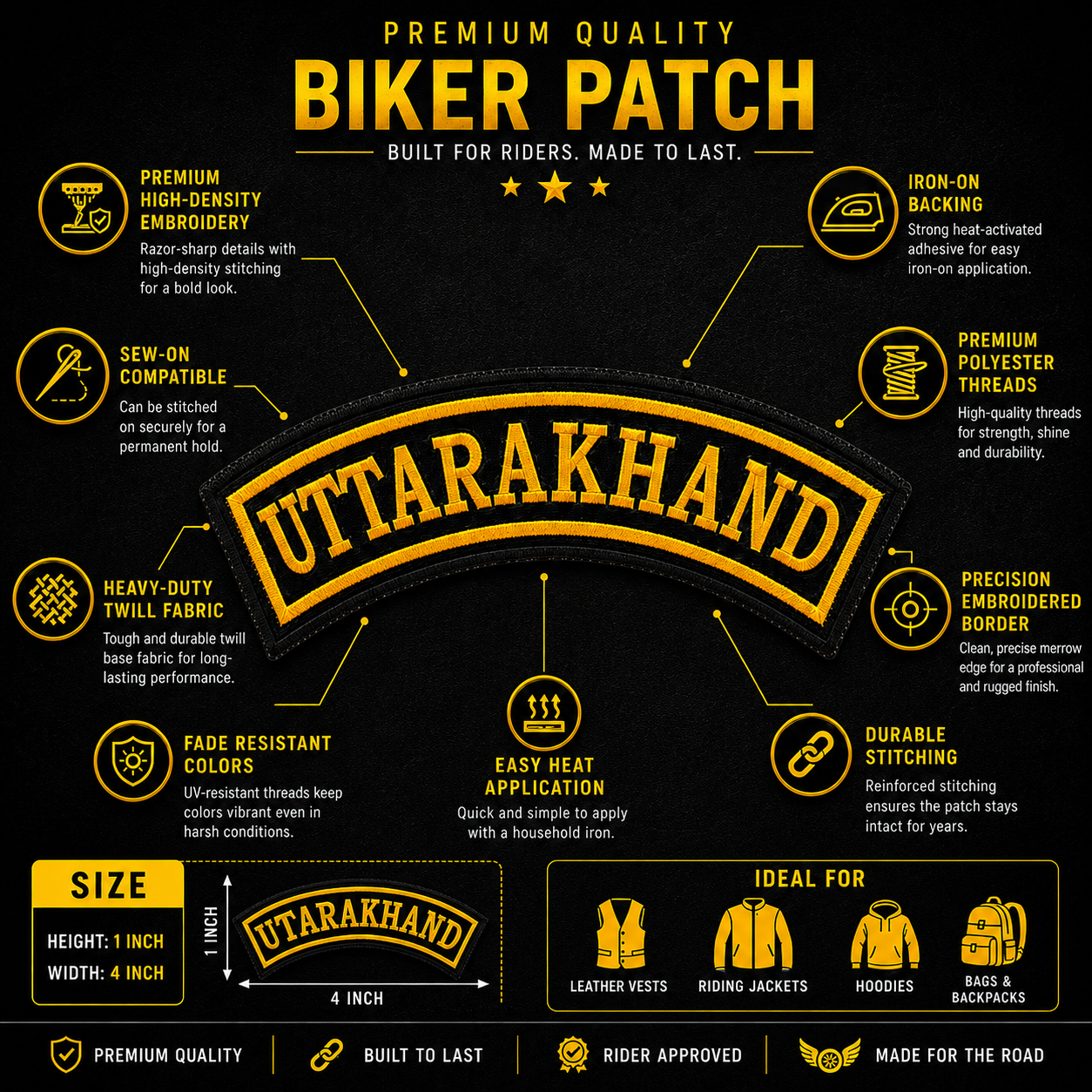 Uttarakhand State Front Embroidered Patch 1 × 4 Inches – Iron On / Sew On