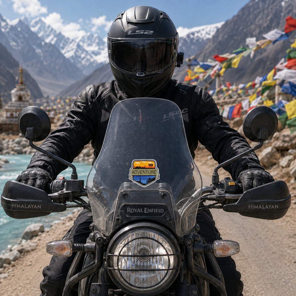 Adventure motorcycle sticker applied to adventure bike windshield on Himalayan mountain road