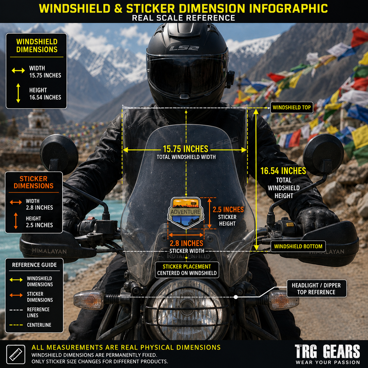 Adventure motorcycle sticker size infographic showing 2.8 x 2.5 inch decal placement on motorcycle windshield