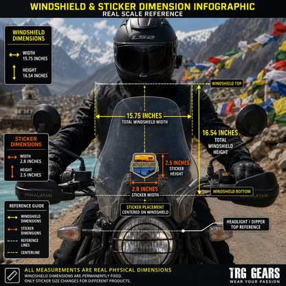Adventure motorcycle sticker size infographic showing 2.8 x 2.5 inch decal placement on motorcycle windshield