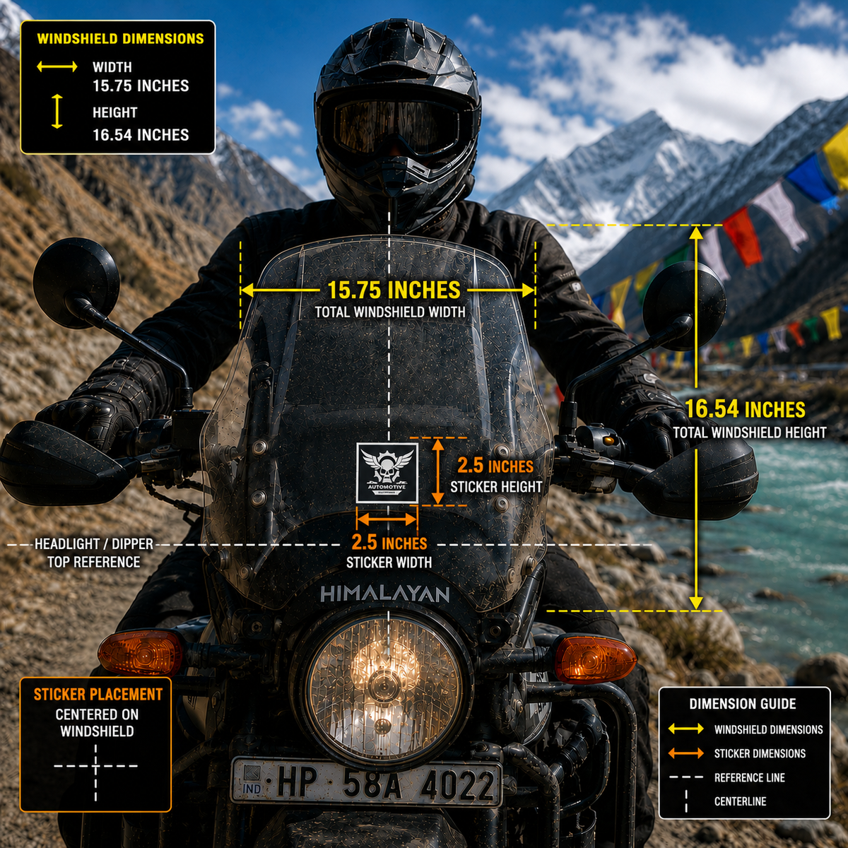 Automotive Sticker 2.5 inches wide and 2.5 inches high centered on motorcycle windshield with 15.75 x 16.54 inch windshield reference