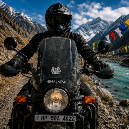 Bag Riders Sticker centered on Royal Enfield Himalayan motorcycle windshield with rider and scenic Himalayan mountain landscape