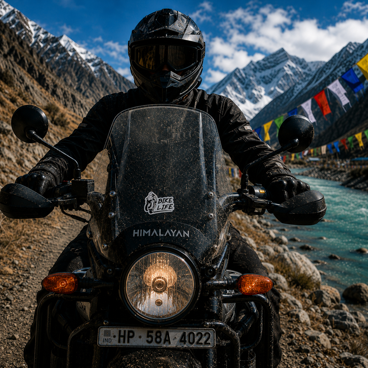 Bike Life Sticker centered on Royal Enfield Himalayan motorcycle windshield with rider, mountain road and Himalayan landscape