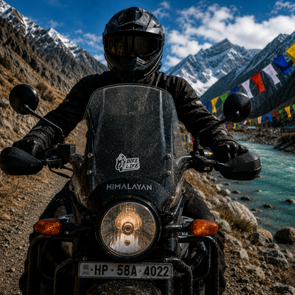 Bike Life Sticker centered on Royal Enfield Himalayan motorcycle windshield with rider, mountain road and Himalayan landscape