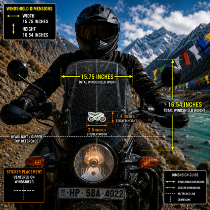 Bike Rider Bike Shape Sticker 2.5 inches wide and 1.4 inches high centered on motorcycle windshield with 15.75 x 16.54 inch windshield reference