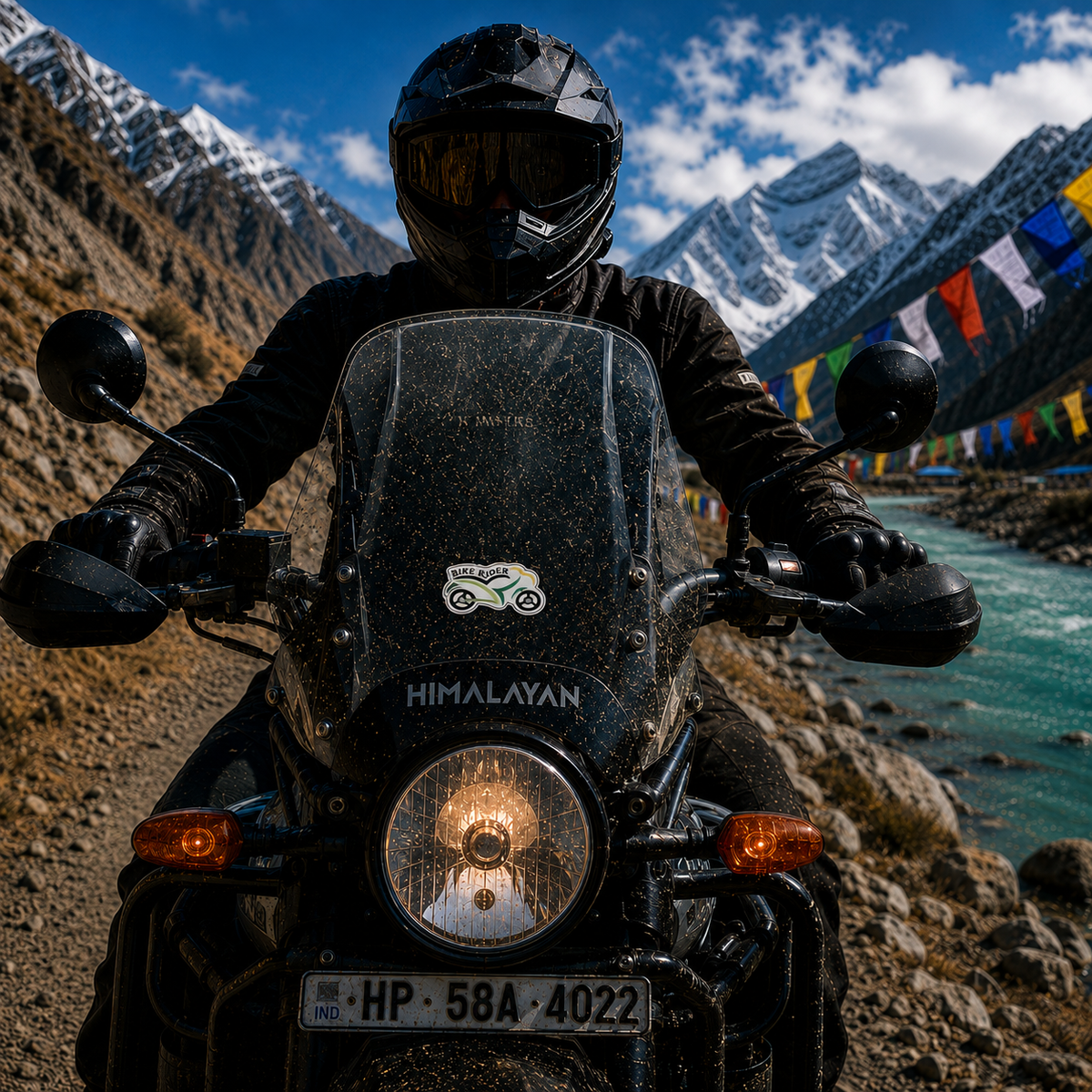 Bike Rider Bike Shape Sticker centered on Royal Enfield Himalayan motorcycle windshield with Himalayan mountain riding background