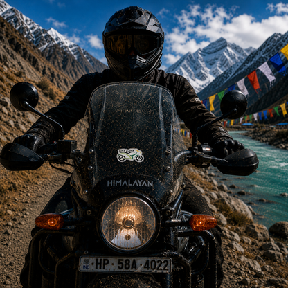 Bike Rider Bike Shape Sticker centered on Royal Enfield Himalayan motorcycle windshield with Himalayan mountain riding background