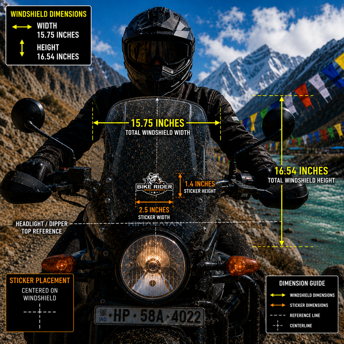 Bike Riders Powersports Sticker 2.5 inches wide and 1.4 inches high centered on motorcycle windshield with 15.75 x 16.54 inch windshield reference
