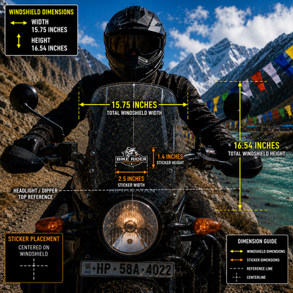 Bike Riders Powersports Sticker 2.5 inches wide and 1.4 inches high centered on motorcycle windshield with 15.75 x 16.54 inch windshield reference