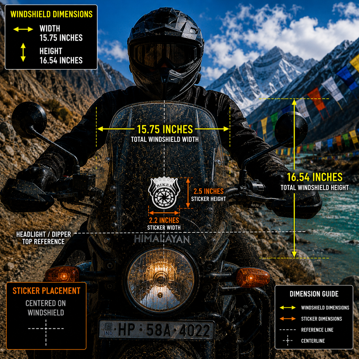 Biker Bike Plate Sticker 2.2 inches wide and 2.5 inches high centered on motorcycle windshield with 15.75 x 16.54 inch windshield reference