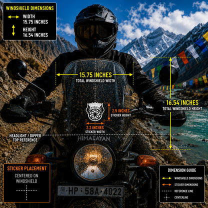 Biker Bike Plate Sticker 2.2 inches wide and 2.5 inches high centered on motorcycle windshield with 15.75 x 16.54 inch windshield reference