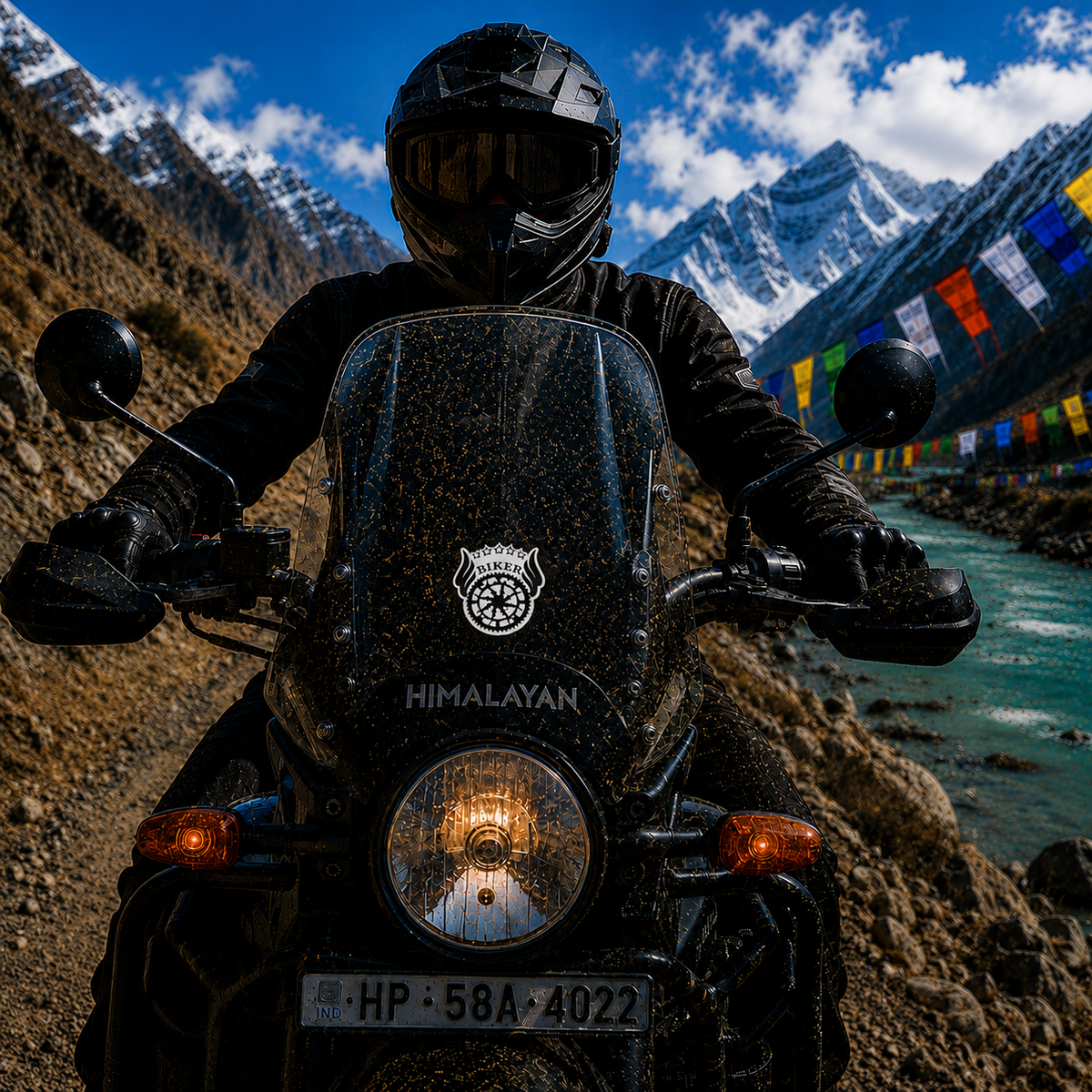 Biker Bike Plate Sticker centered on Royal Enfield Himalayan motorcycle windshield with Himalayan mountain and river background