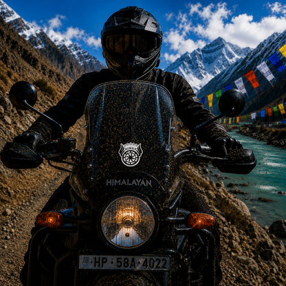 Biker Bike Plate Sticker centered on Royal Enfield Himalayan motorcycle windshield with Himalayan mountain and river background