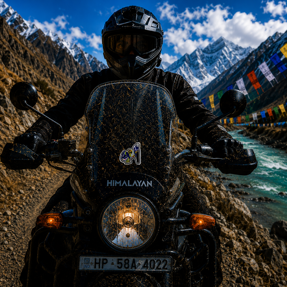 Biker Bike Repair Sticker centered on Royal Enfield Himalayan motorcycle windshield with scenic Himalayan mountains and river background
