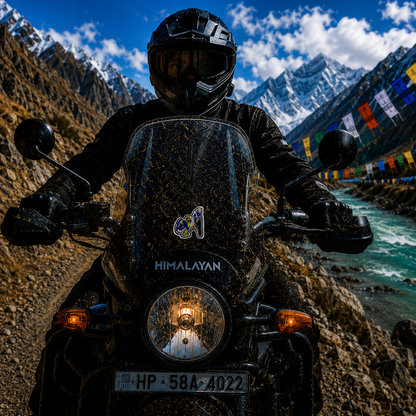 Biker Bike Repair Sticker centered on Royal Enfield Himalayan motorcycle windshield with scenic Himalayan mountains and river background