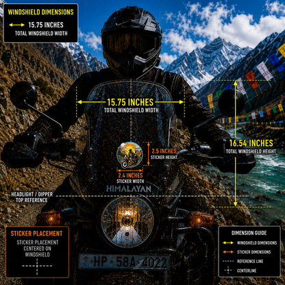 Biker in Himalayas sticker 2.4 x 2.5 inches centered on motorcycle windshield with 15.75 x 16.54 inch windshield size reference