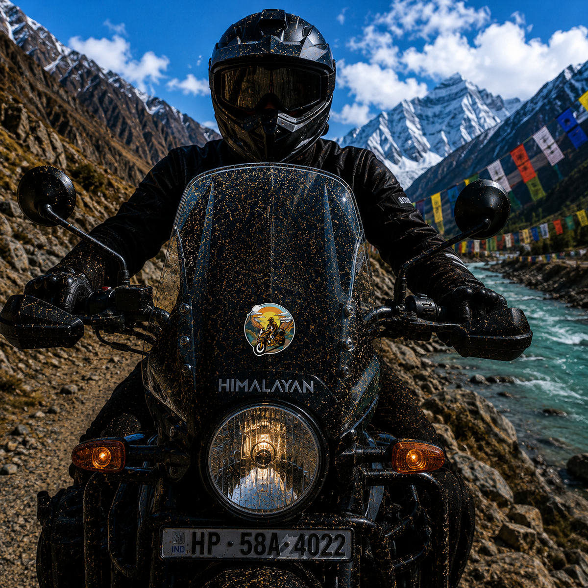 Biker in Himalayas adventure motorcycle sticker centered on Royal Enfield Himalayan windshield with mountain road and river background