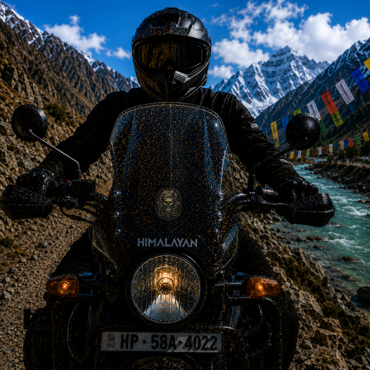 Biker Skeleton Mustache skull sticker installed centered on Royal Enfield Himalayan motorcycle windshield in Himalayan mountain setting