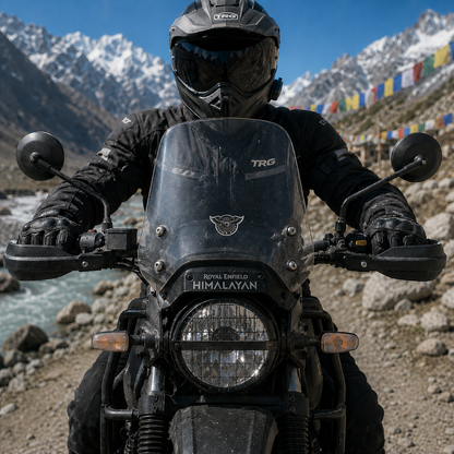 Custom Moto winged wheel sticker installed on Royal Enfield Himalayan motorcycle windshield during a Himalayan adventure ride