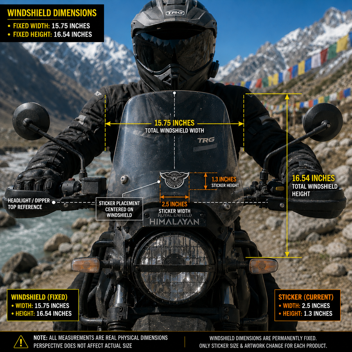 Custom Moto sticker 2.5 x 1.3 inches centered on motorcycle windshield with real-scale size and placement dimensions
