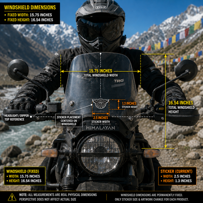 Custom Moto sticker 2.5 x 1.3 inches centered on motorcycle windshield with real-scale size and placement dimensions