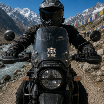 Death Rider skull biker sticker installed on Royal Enfield Himalayan motorcycle windshield during a Himalayan adventure ride