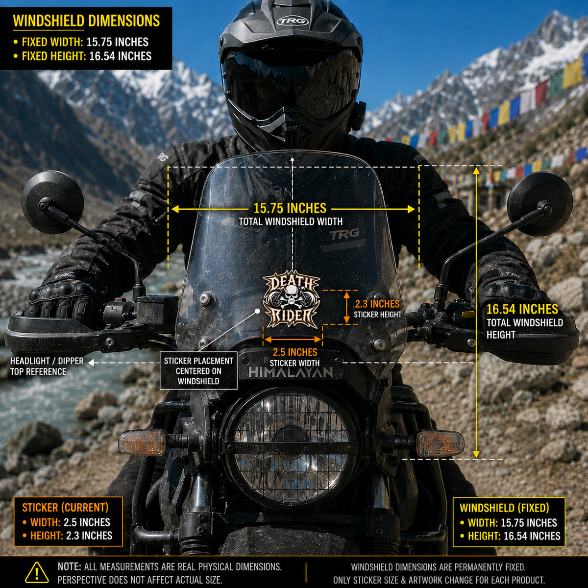 Death Rider sticker 2.5 x 2.3 inches centered on motorcycle windshield with real-scale size and placement dimensions