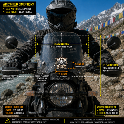 Death Rider sticker 2.5 x 2.3 inches centered on motorcycle windshield with real-scale size and placement dimensions
