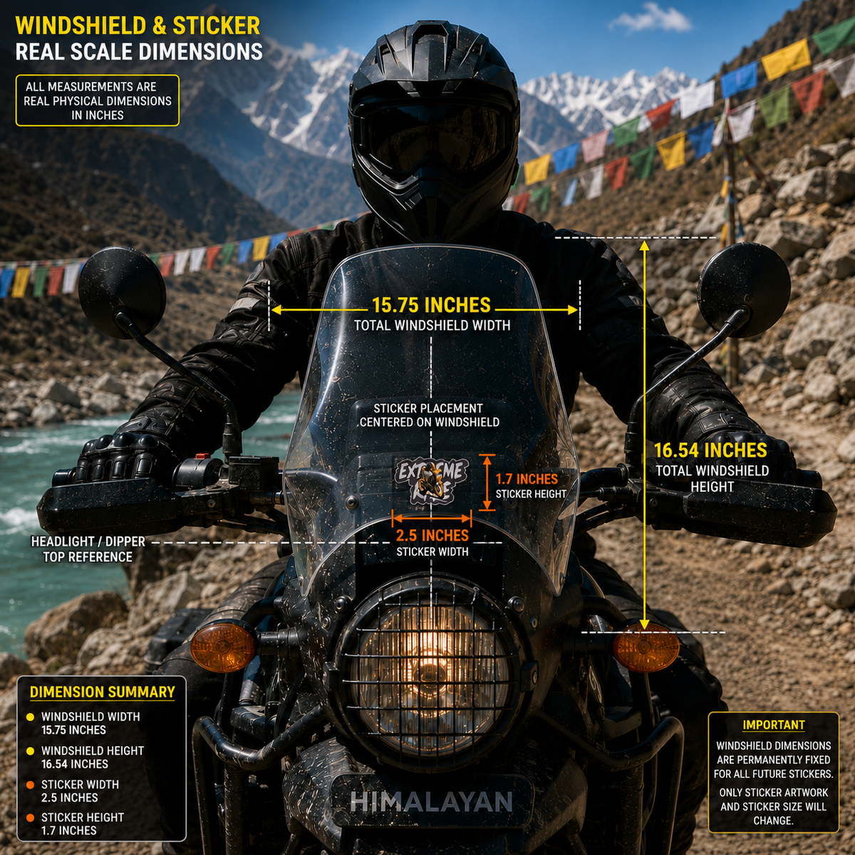 Extreme Ride sticker 2.5 x 1.7 inches centered on motorcycle windshield with real-scale dimension reference