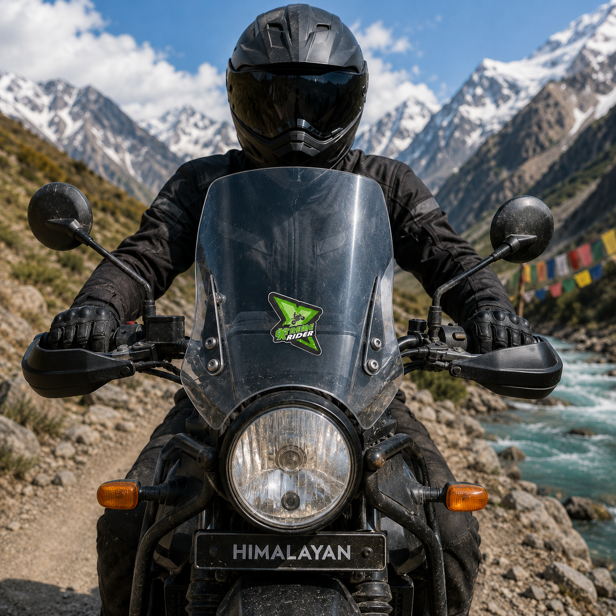 Extreme Rider sticker applied to motorcycle windshield in Himalayan mountain riding setting