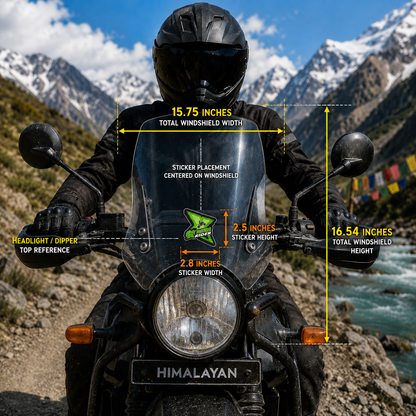 Extreme Rider sticker 2.8 x 2.5 inches centered on motorcycle windshield with real-world size reference