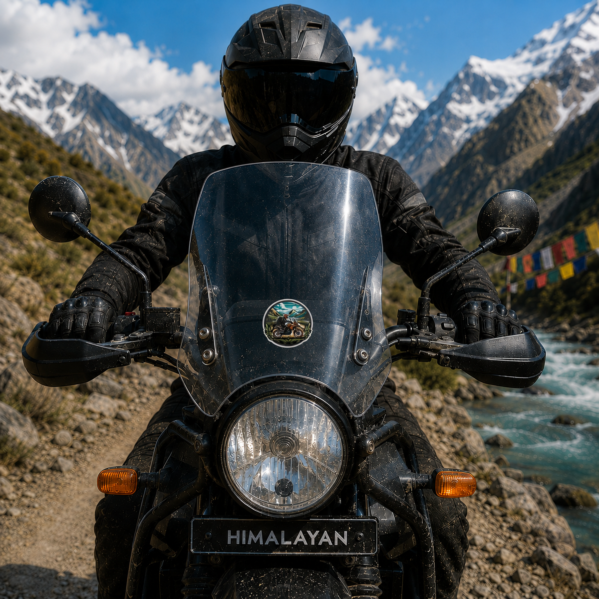 Flowers Circle Biker adventure rider sticker applied to motorcycle windshield in Himalayan mountain setting