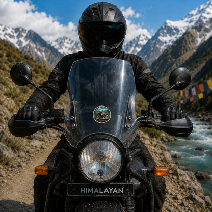 Flowers Circle Biker adventure rider sticker applied to motorcycle windshield in Himalayan mountain setting