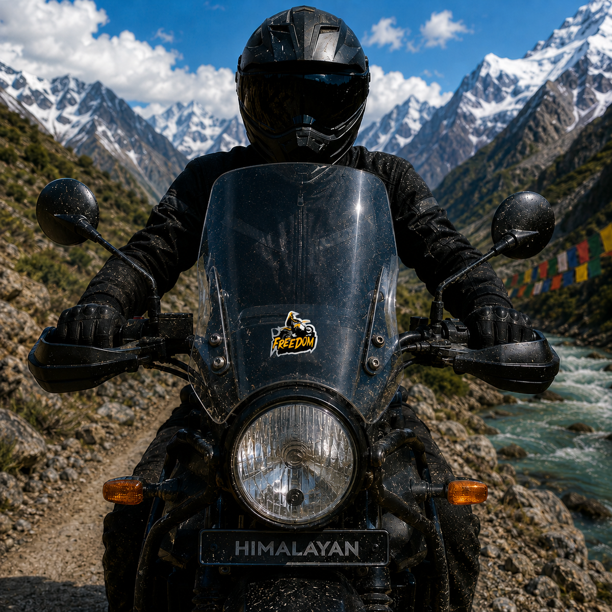 Freedom dirt bike rider sticker applied to motorcycle windshield in Himalayan mountain riding setting